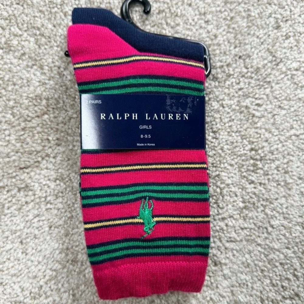 Ralph Lauren Girls 2 Pack Crew Socks Navy Pink Striped Size 8-9.5 ZC400026GPK